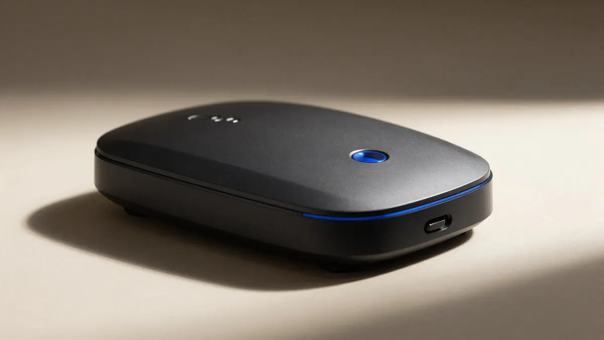 Dispositif médical connecté avec LED de statut bleu cobalt sur surface sombre
