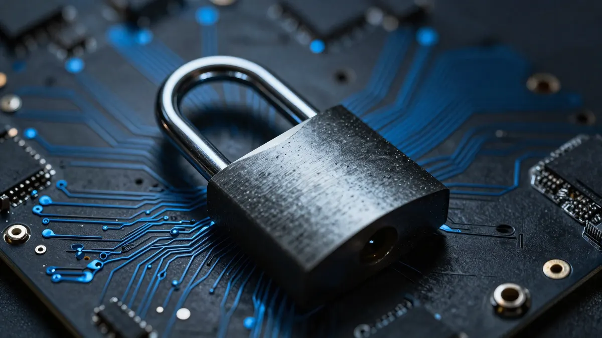 Cadenas posé sur un circuit imprimé aux pistes bleu cobalt