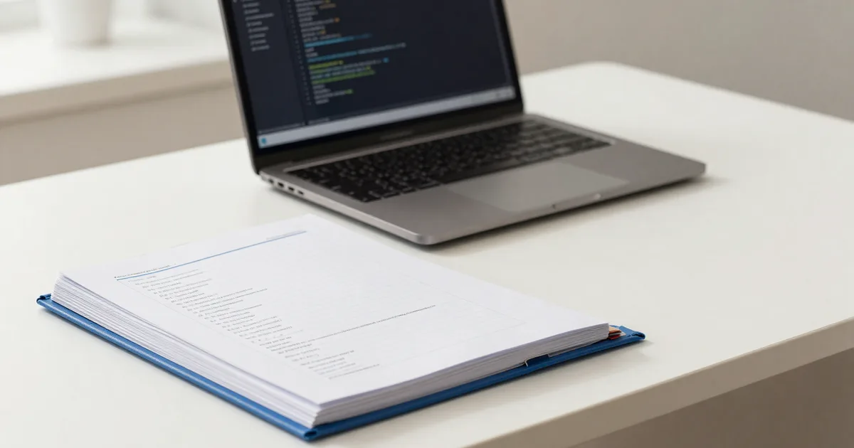 Classeur de documentation technique ouvert à côté d'un ordinateur portable