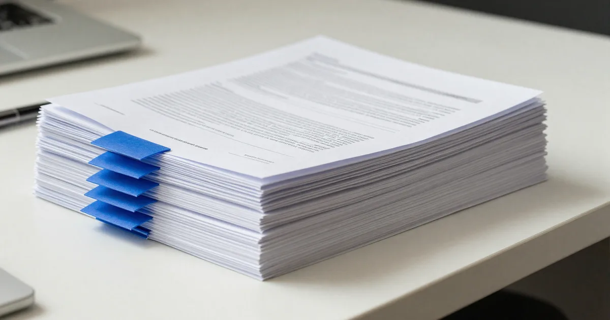 Pages d'un document technique sur un bureau ivoire, repères cobalt marquant les passages à valider